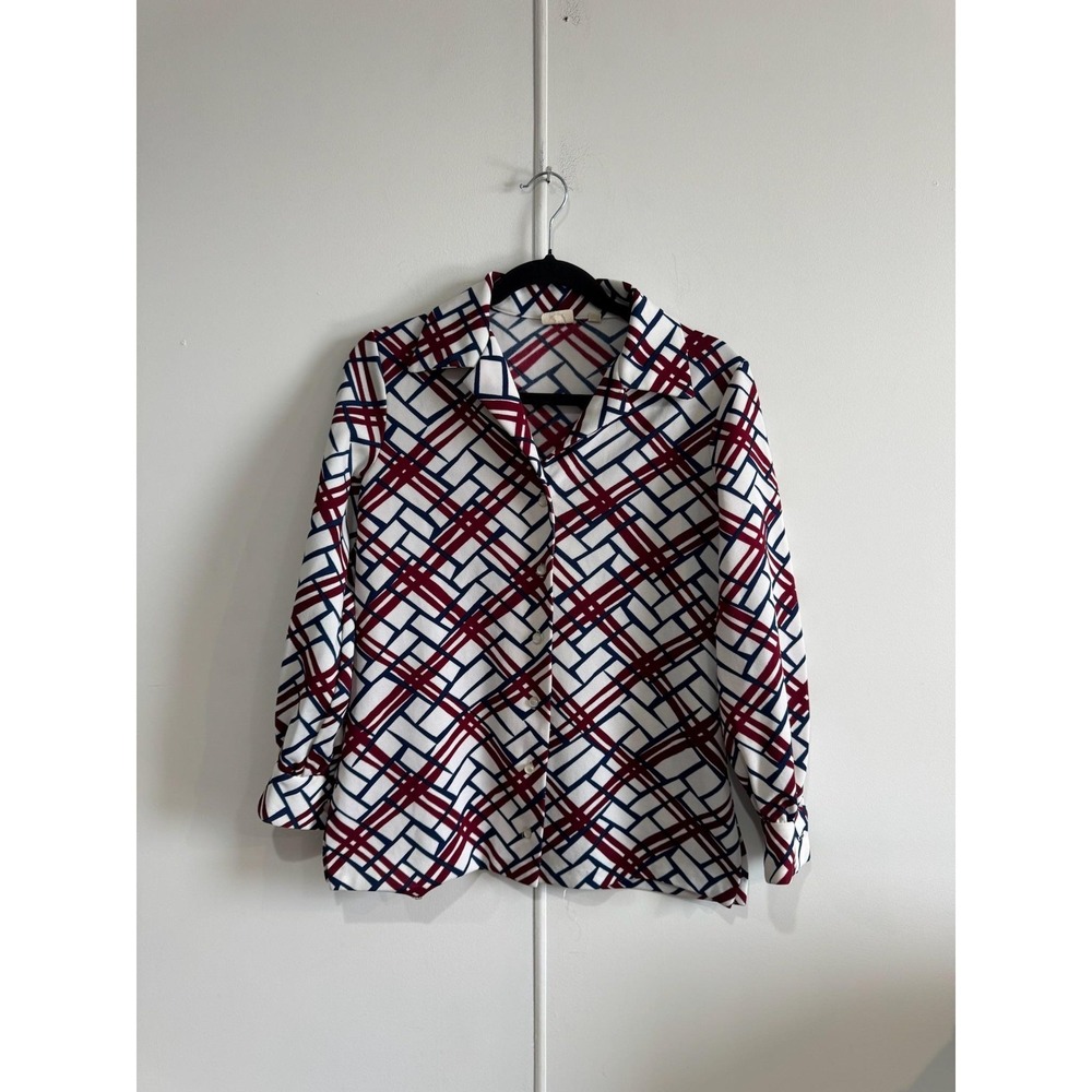 Vintage Sears Perma Prest Shirt Womens 12 White Long Sleeve Geometric Print USA